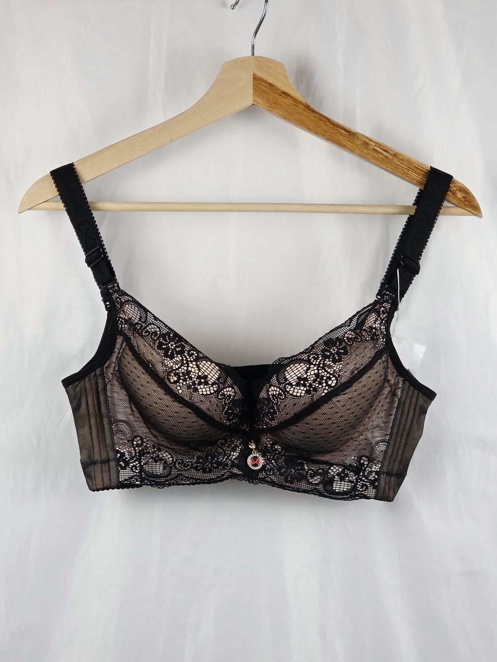 Fall Sweet Lace Overlay Black & Nude Push Up Support Adjustable Straps Bra 34A